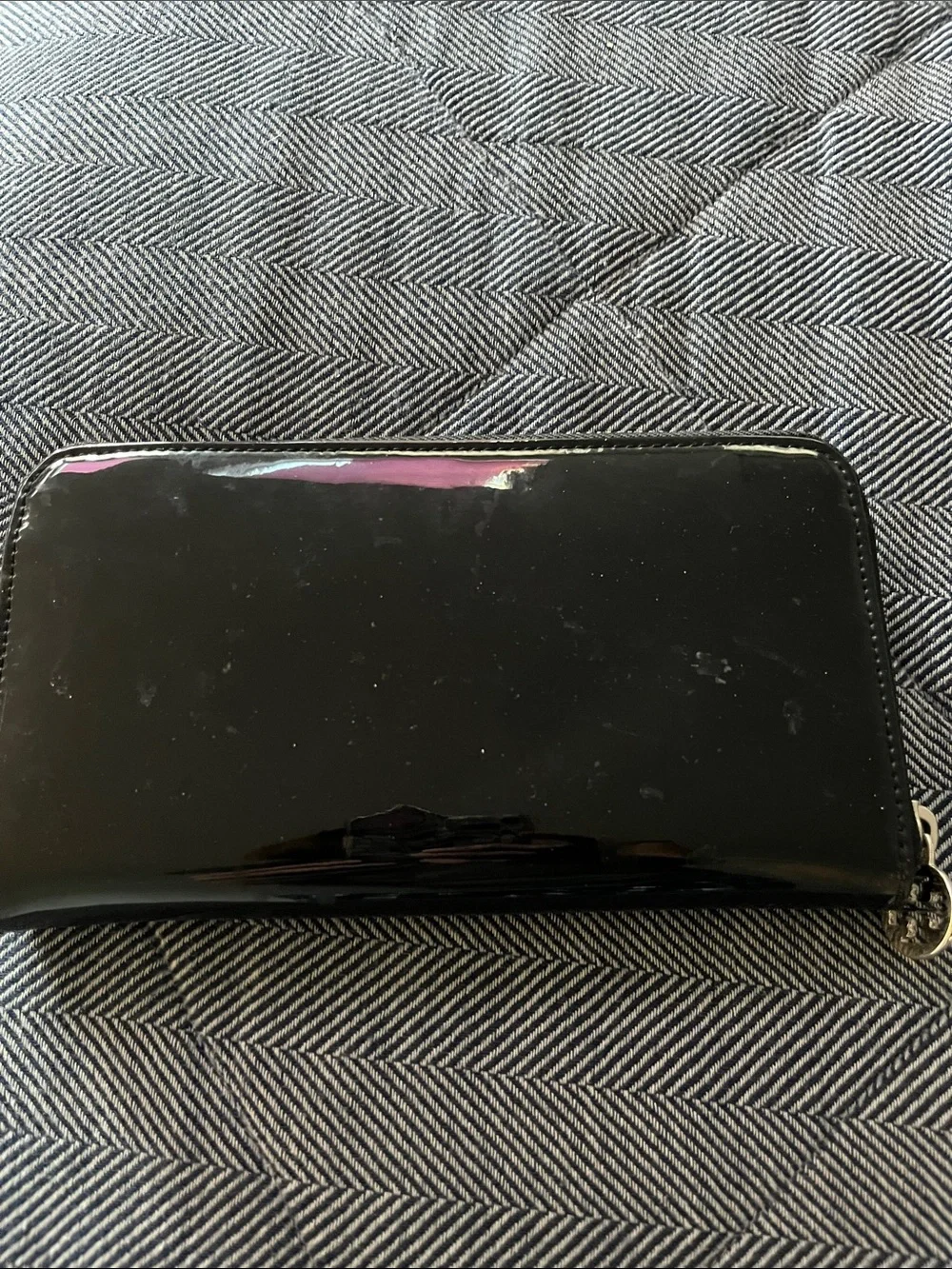 Tory Burch Black Patent Zip Wallet with Gold Logo Medallion